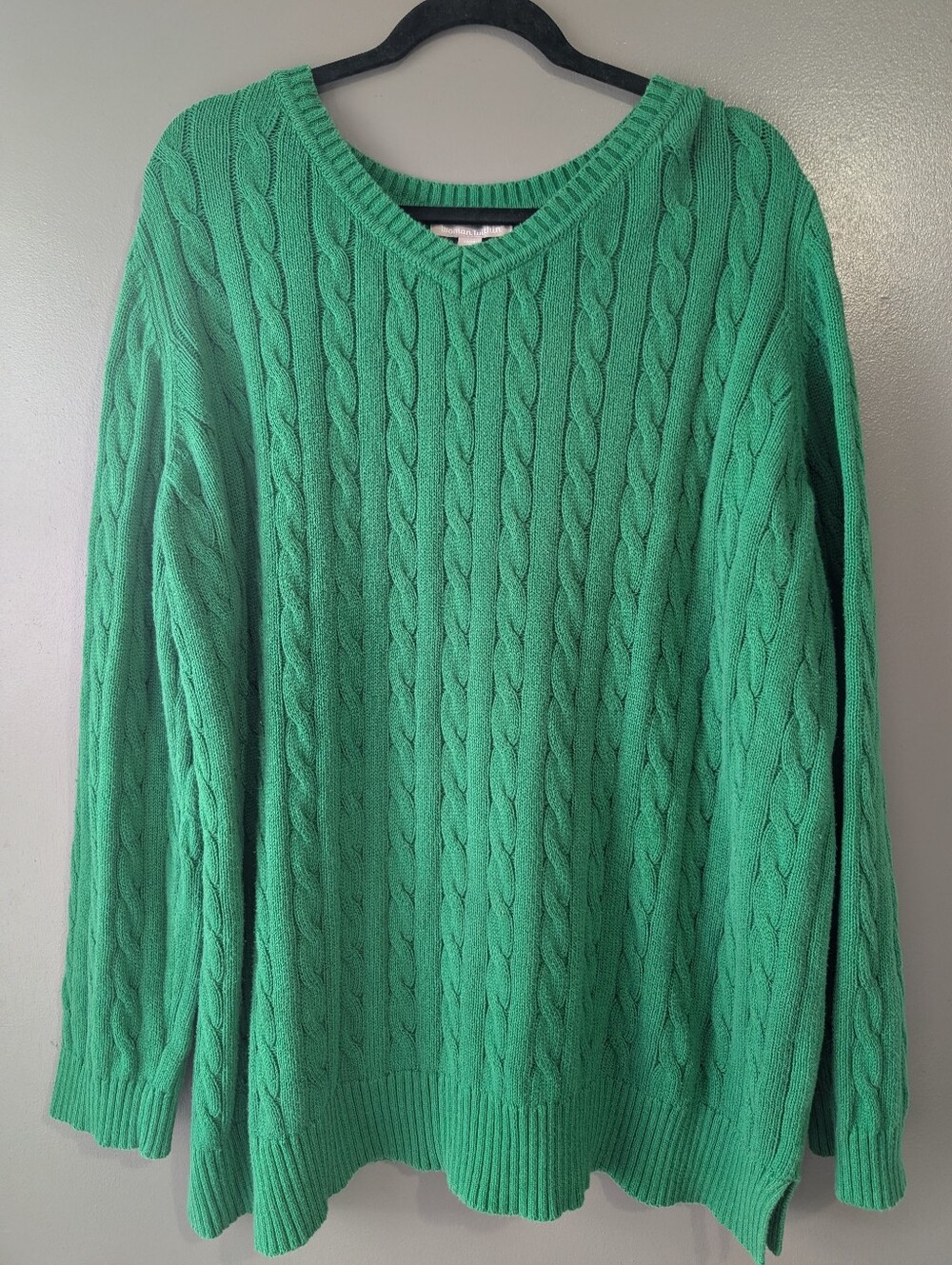 Woman Within 1X 22/24 Green Cable Knit V-Neck Cotton Sweater